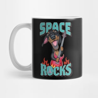 Fun Doxie Dog with guitar on a Dachshund Space Rocks tee Mug